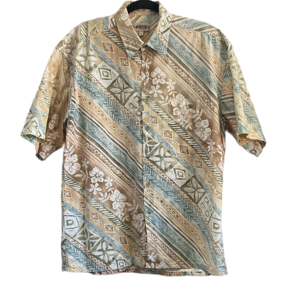 Hawaiian Shirt Large Tan Yellow Green Men’s